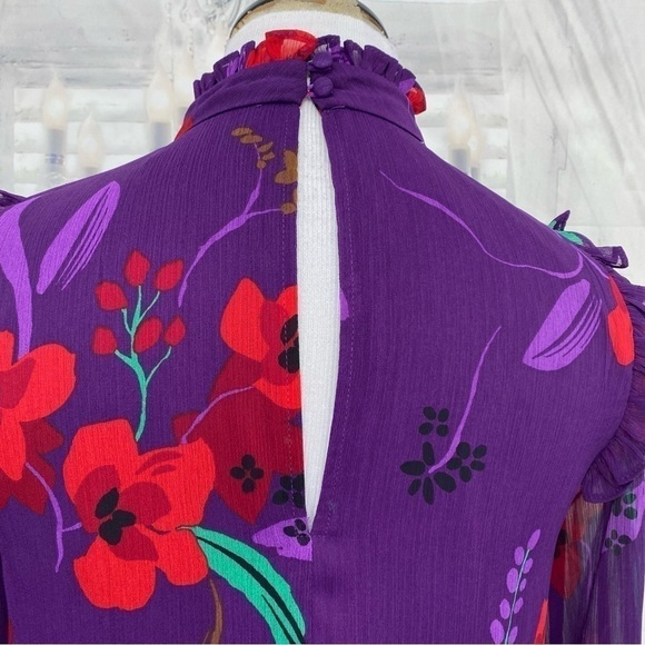 Calvin Klein Purple Red Floral Long Balloon Sleeve Mock Trapeze Above Knee Dress - Picture 11 of 12